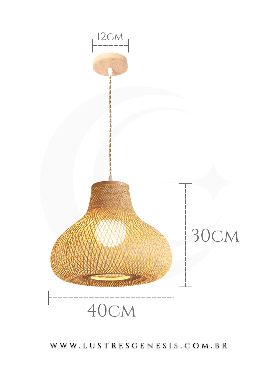 Luminária redonda de fibra de bambu pendente, com 40 cm de diâmetro e 30 cm de altura, ideal para mesas, balcão de cozinha, área gourmet e sítios.